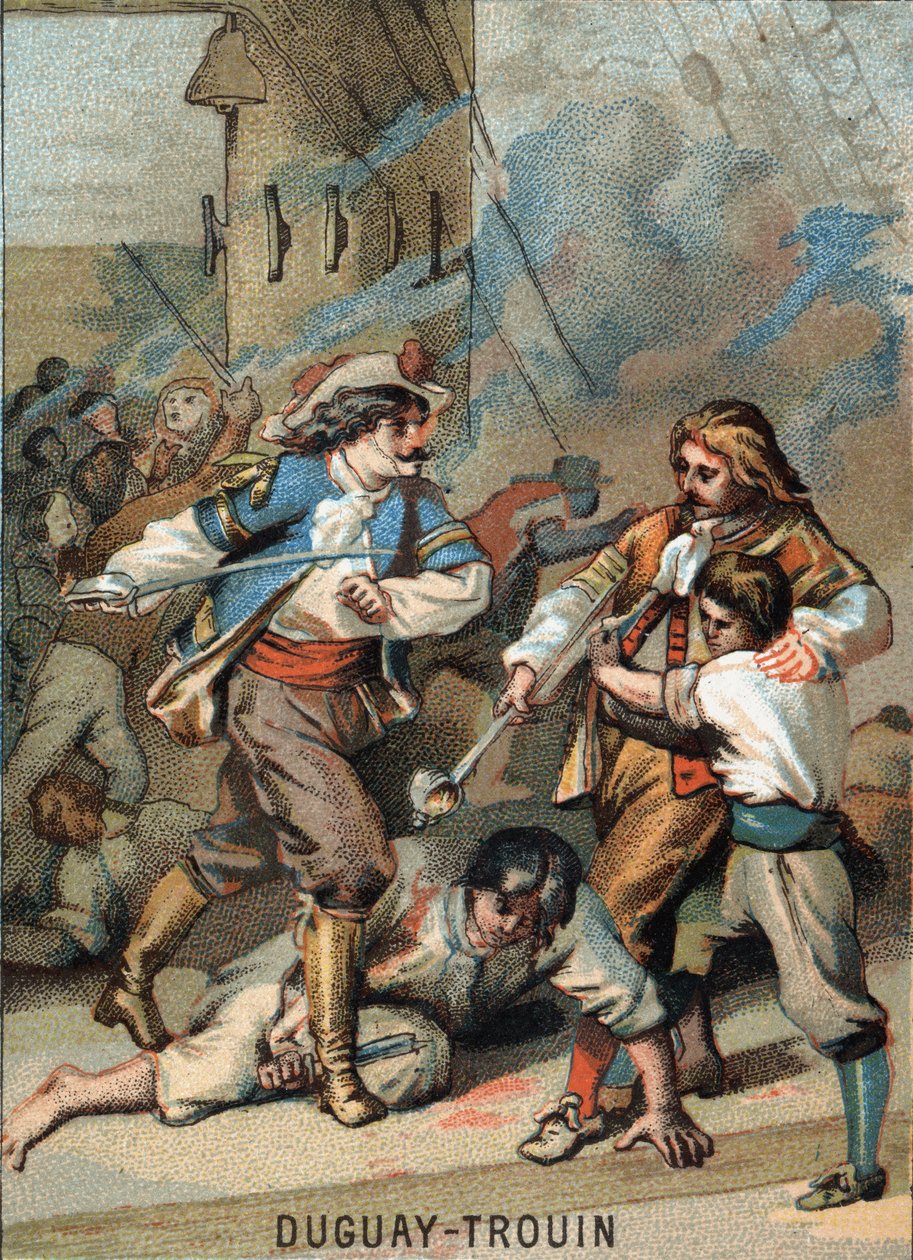 První čin René Duguay Trouin (Duguay-Trouin) (Rene Trouin du Gue dit) (1673-1736), francouzský námořník: Duguay - Trouin bojovník Wassenaer (1695). Chromolitografie řady „Vlastenecká výchova obrazem“. od French School