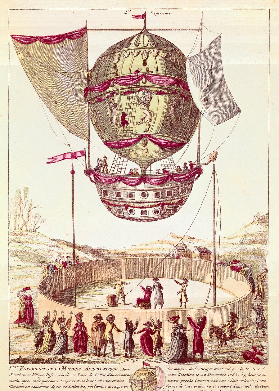První let horkovzdušného balonu, 22. prosince 1783 v Defsessebruku (Wales) (litografie) od French School