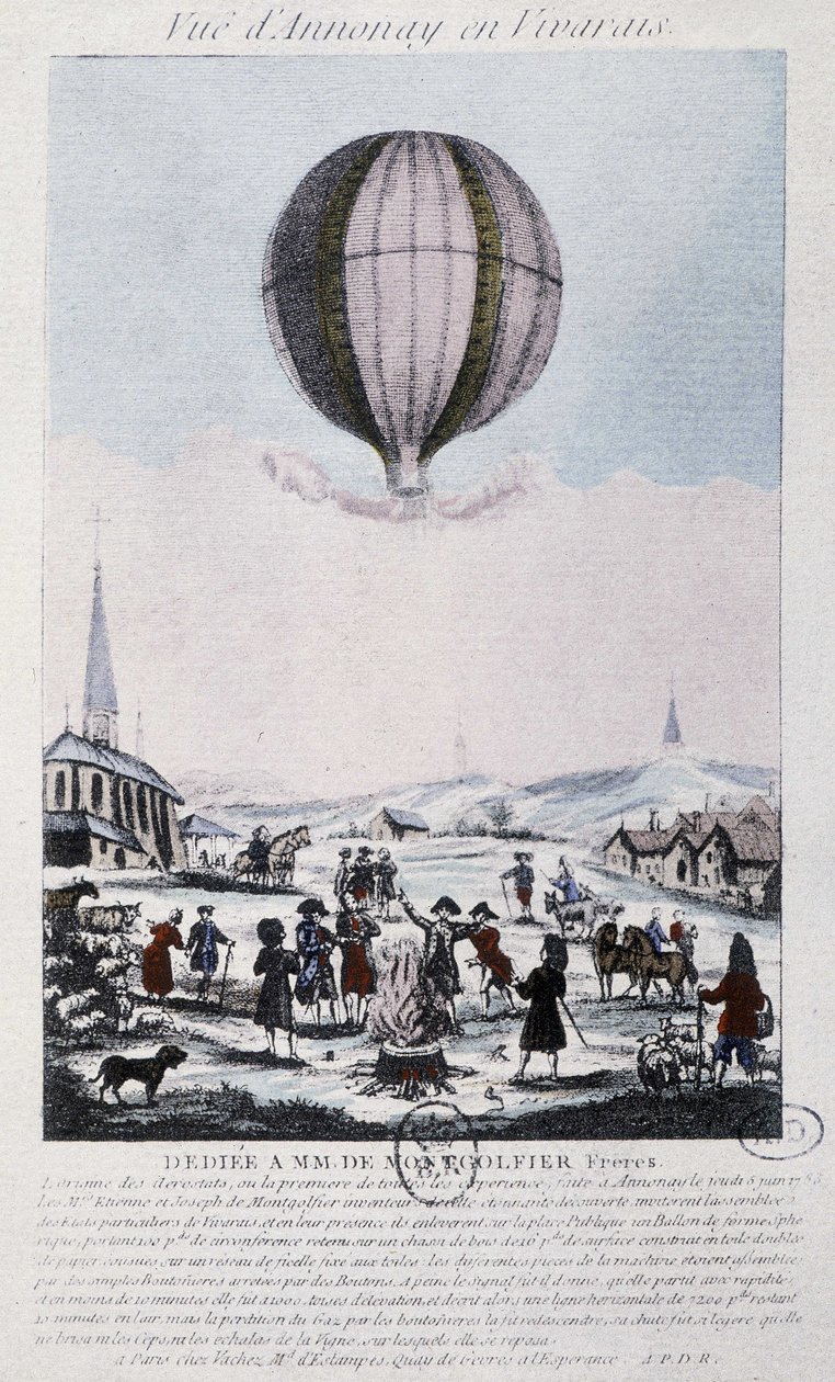 První let do Annonay bratří Montgolfiers v roce 1783 od French School