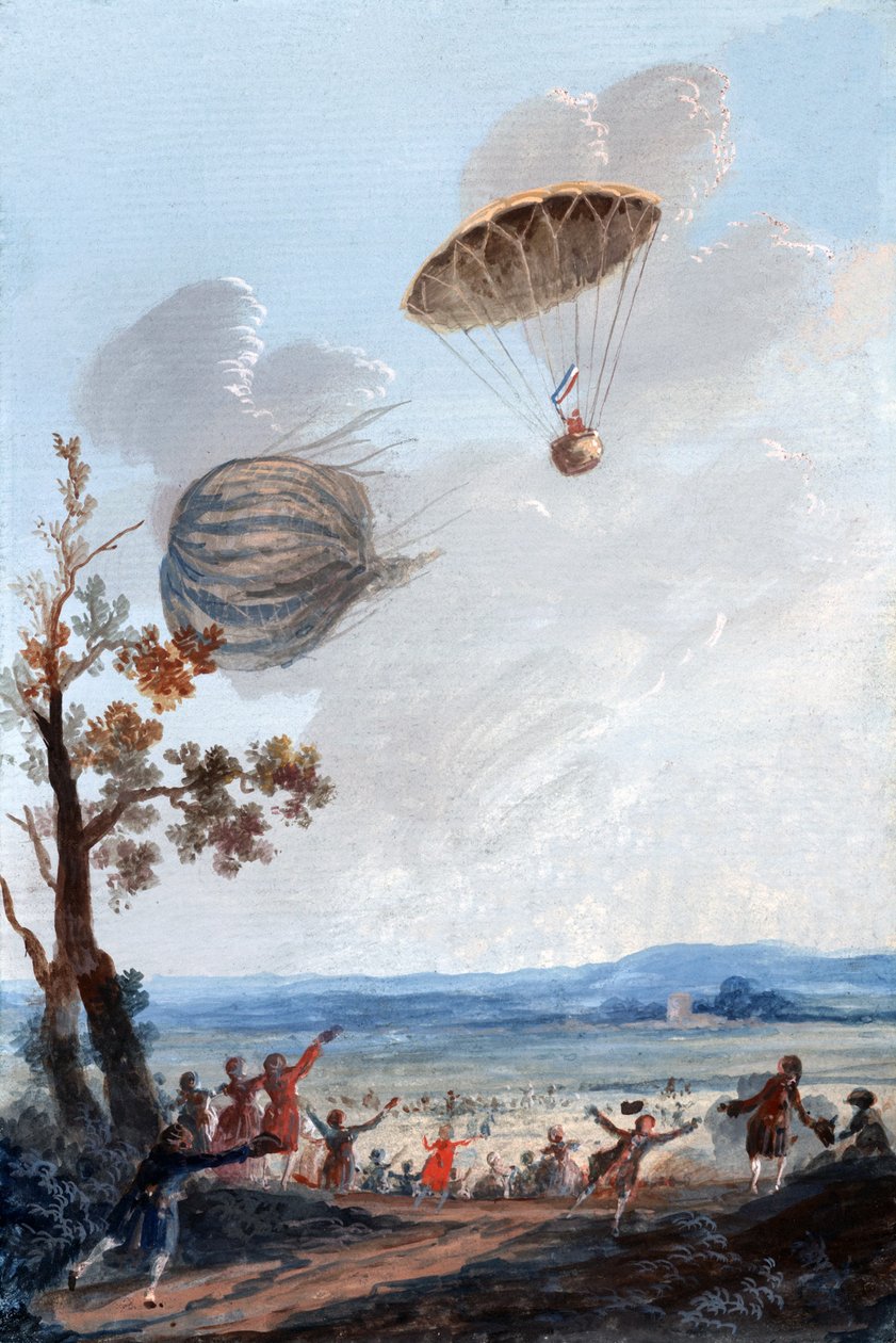 První muž, který sestoupil na padáku, 22. října 1797, v Parc Monceau, Paříž, kolem roku 1797 od French School