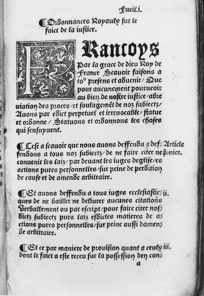 První stránka z Ordinance of Villers-Cotterets, 1539 (tištěný papír) od French School
