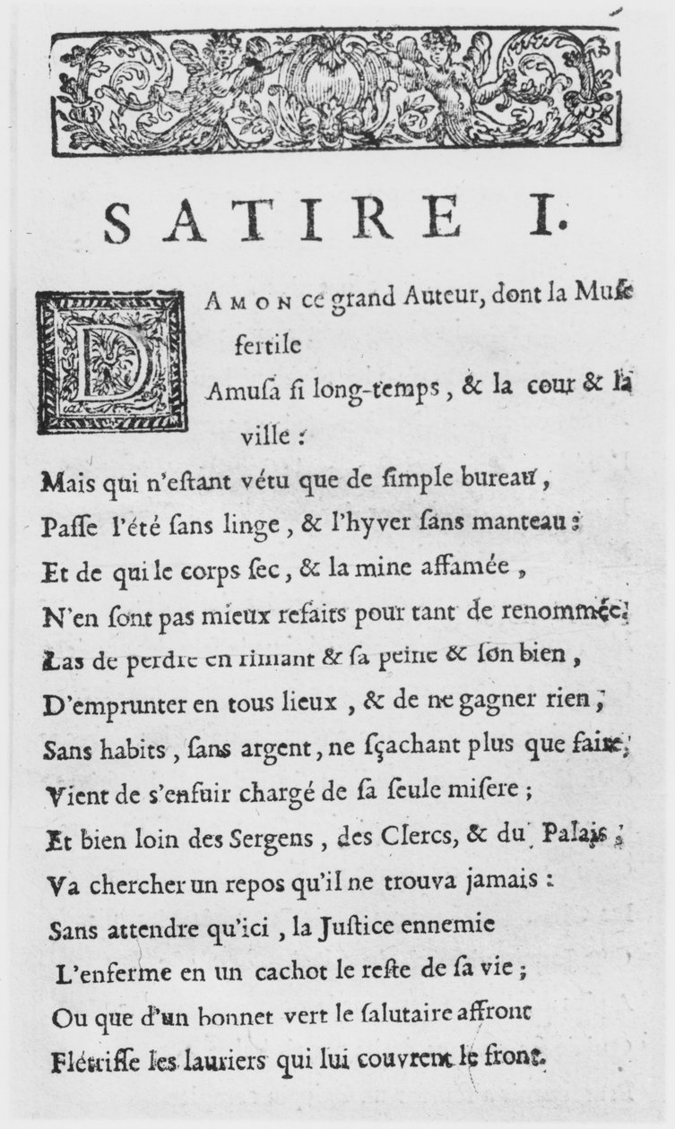 První strana Satiry Nicolase Boileaua, známého jako Boileau-Despreaux, vydané v roce 1685 od French School
