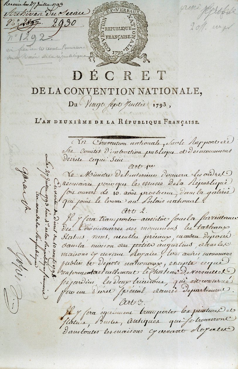 První stránka tajemství Národního konventu z 27.7.1793 o zřízení Palais du Louvre jako muzea od French School