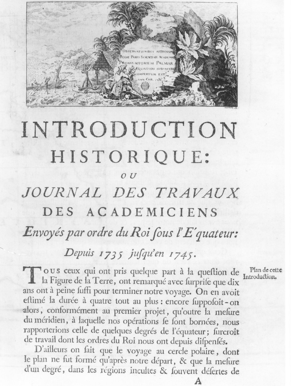 První strana úvodu k Journal des Travaux des Academiciens zaslaná na příkaz krále pod rovníkem v letech 1735 až 1745 Charlesem Mariem de La Condamine (1701-74) 1751 (bw od French School
