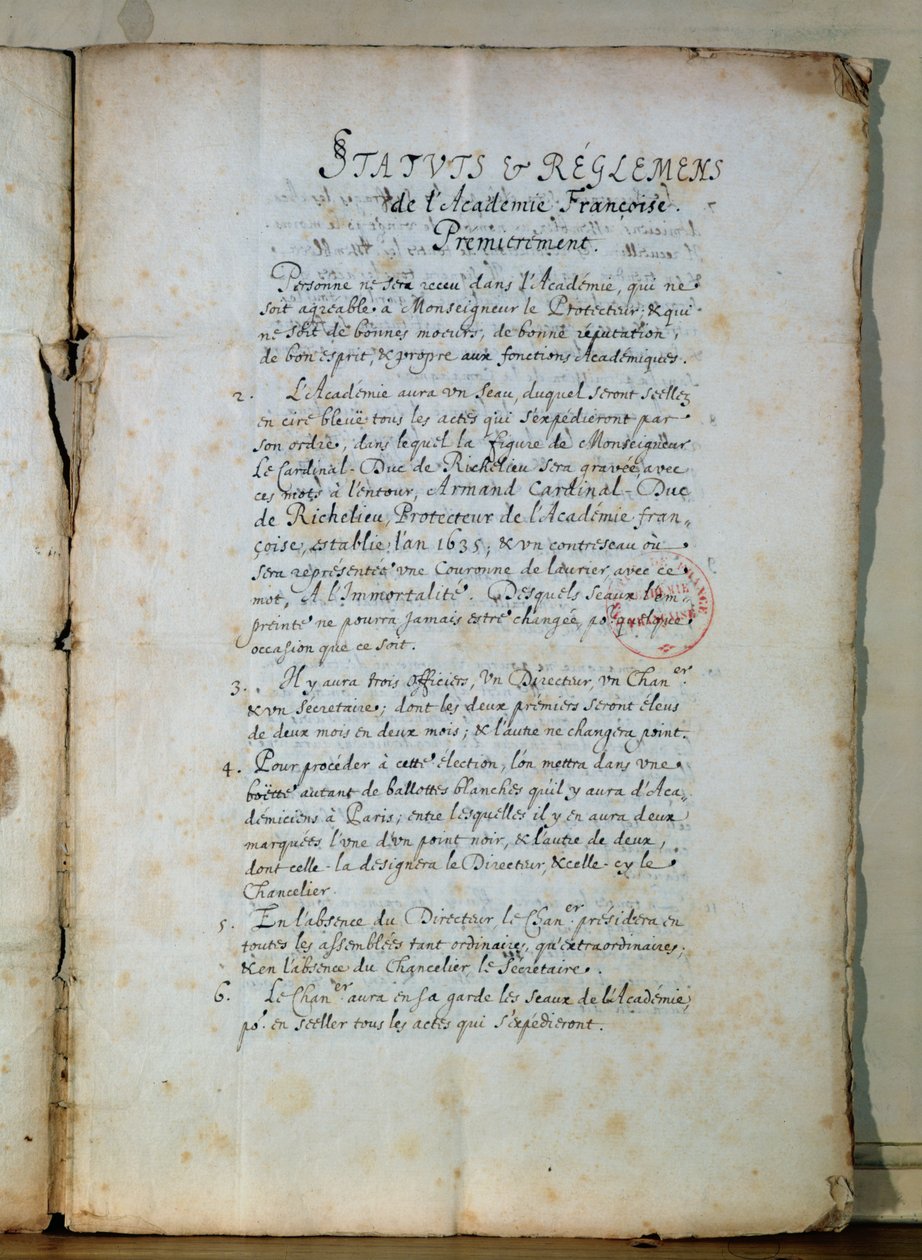 První strana stanov Francouzské akademie, 1635 (inkoust na papíře) (viz také 179947) od French School
