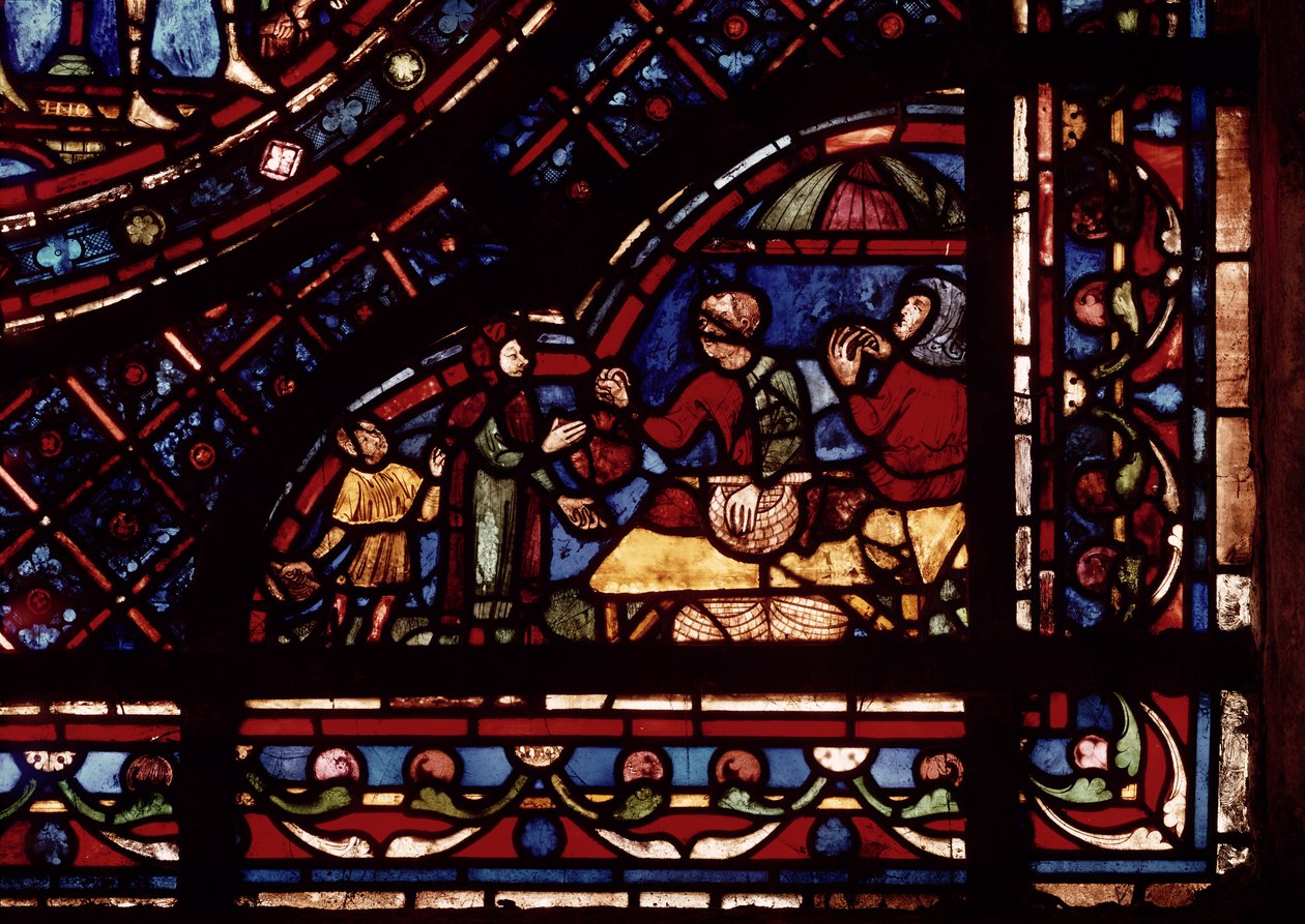 Obchodníci s rybami, detail z okna zobrazující scény ze života sv. Antonína, z jižní ambulantní od French School
