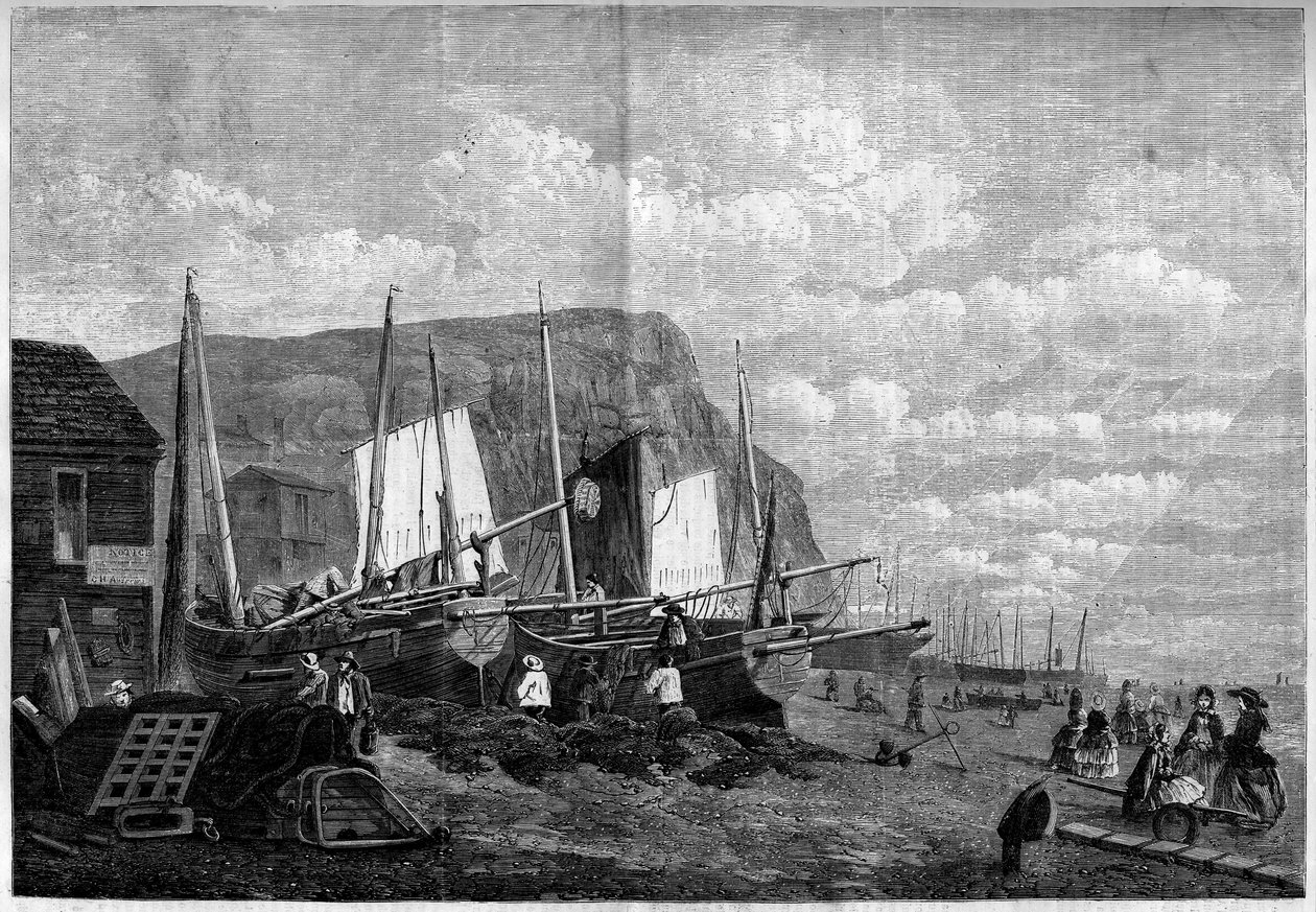 Rybářské lodě na pláži Hastings v Anglii od French School