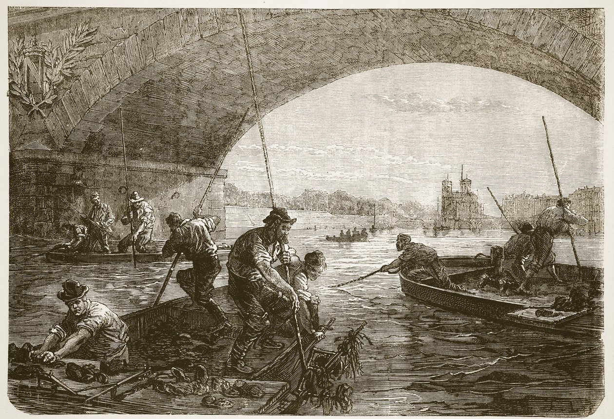Lov zbraní v Seině, ilustrace z Cassells Historie války mezi Francií a Německem, 1870-1871 od French School