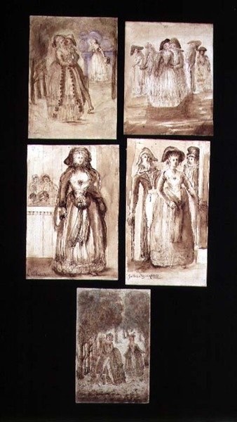 Pět náčrtů dvoření se milencům v parku Versailles od French School