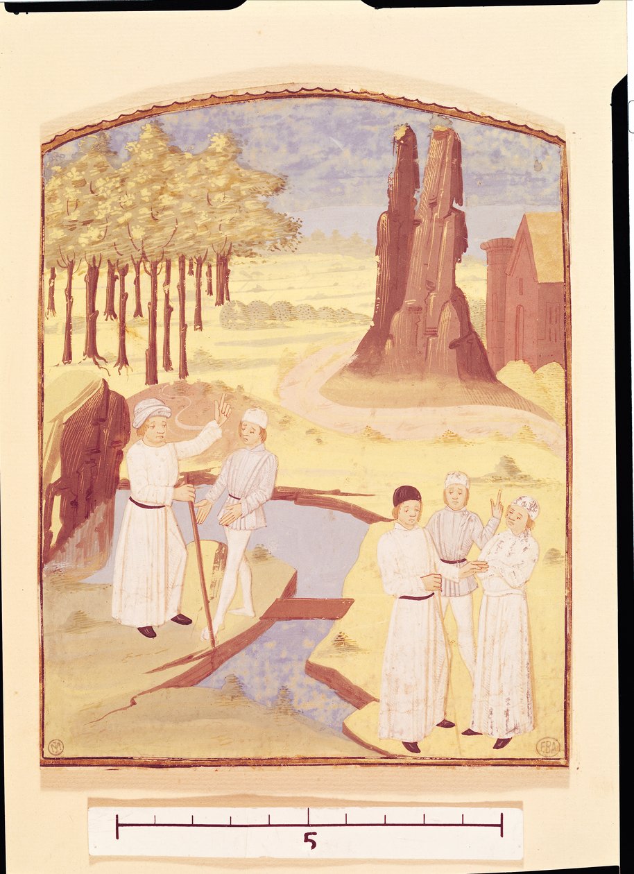 Pět lidí diskutujících o zahradním designu, z Livre des Prouffitz Champestres od Pietra de Crescenzi (1230-132021) od French School