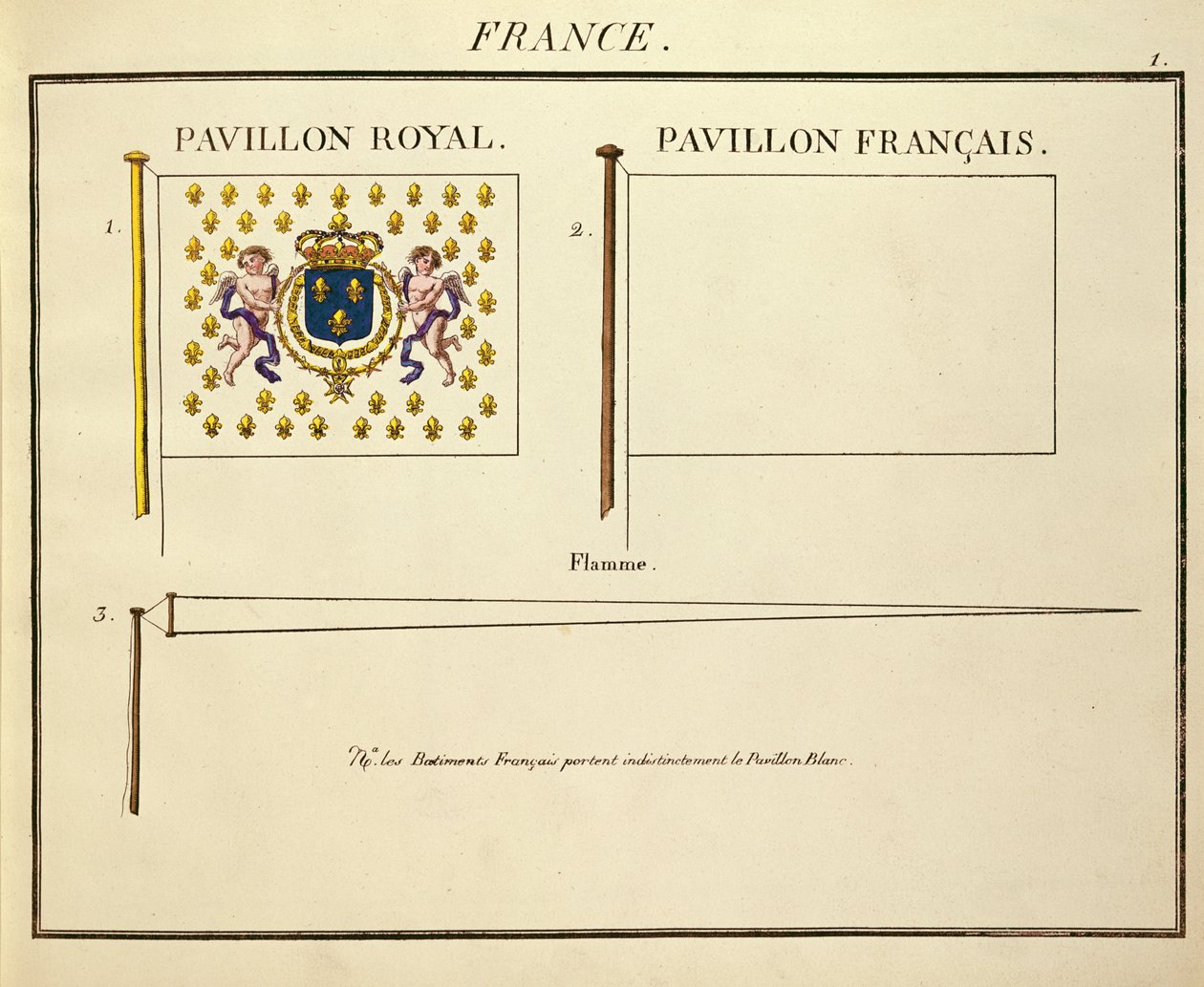 Vlajka Ludvíka XVIII. a Karla X., králů Francie, z Pavillons des Puissances Maritimes (barevná rytina) od French School