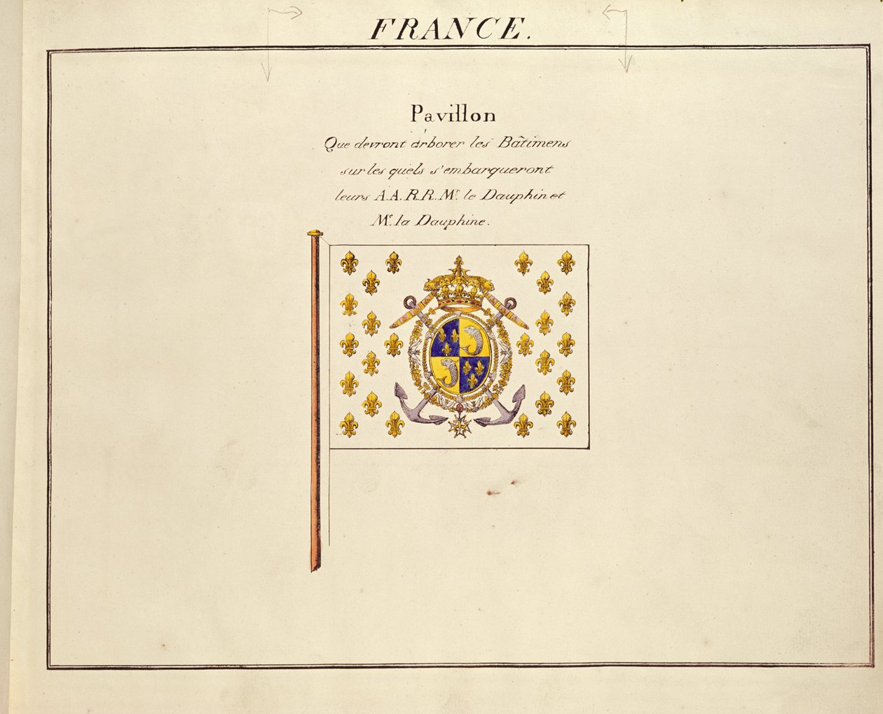 Vlajka Dauphina a Dauphine, Louis-Antoine a Marie-Therese z Francie, z Pavillons des Puissances Maritimes, kolem 1815-30 (barevná rytina) od French School