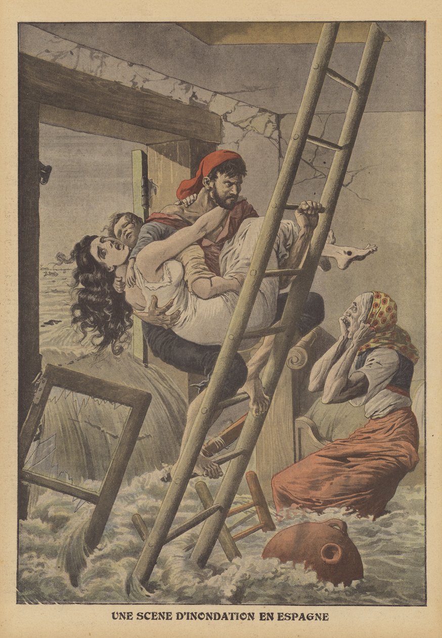Záplavy ve Španělsku (barevná litografie) od French School