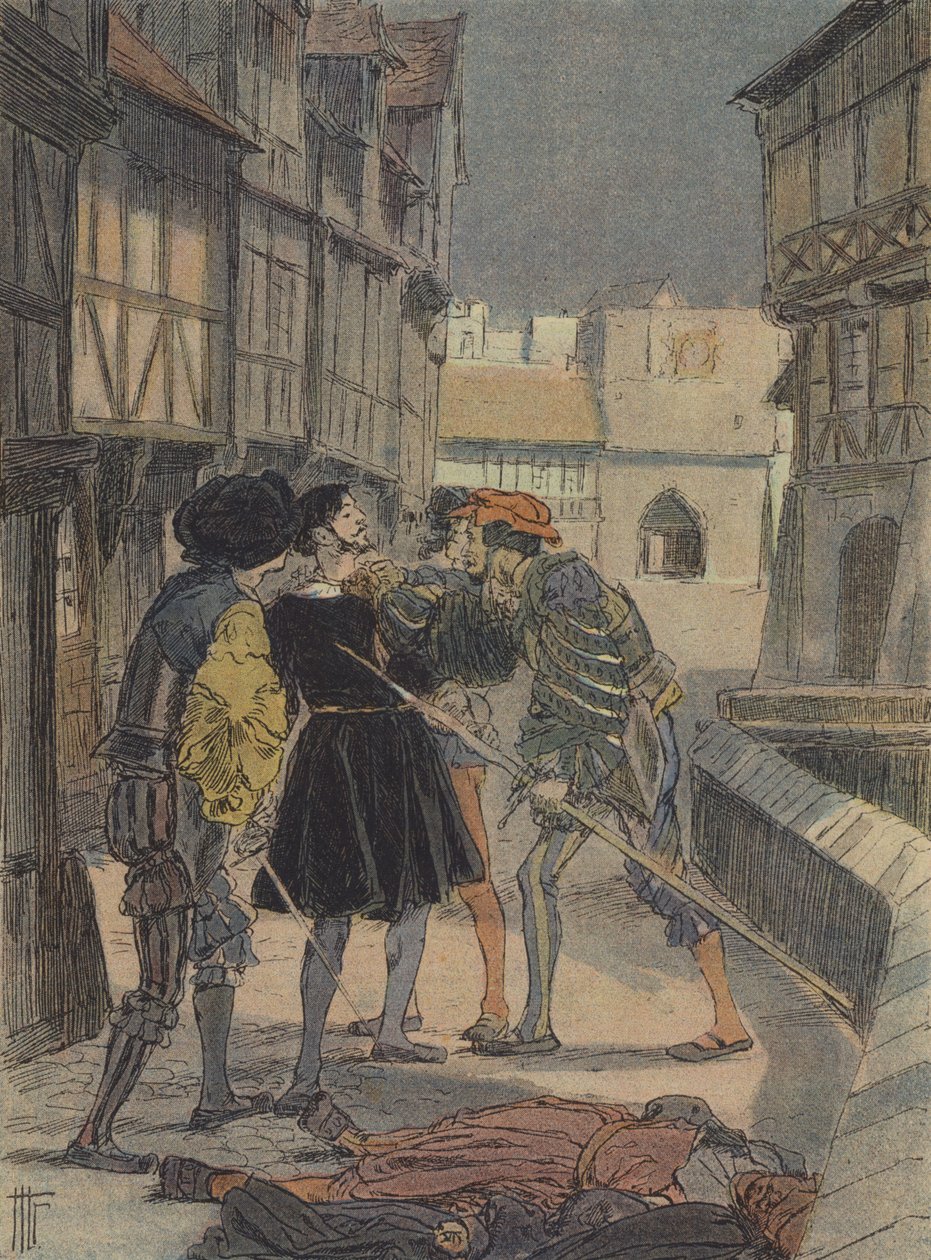 Florentský zlatník a sochař Benvenuto Cellini obklopený a ohrožovaný skupinou mužů (barevná litografie) od French School