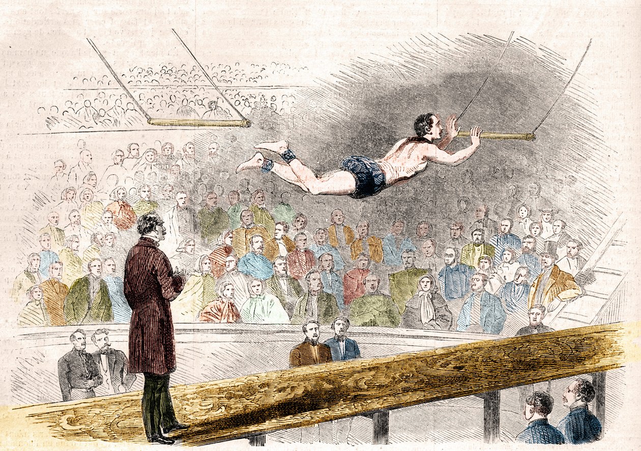 Číslo létající hrazdy od francouzského akrobata Julese Leotarda (1839-1870) v Cirque de Napoleon (dnes Cirque d