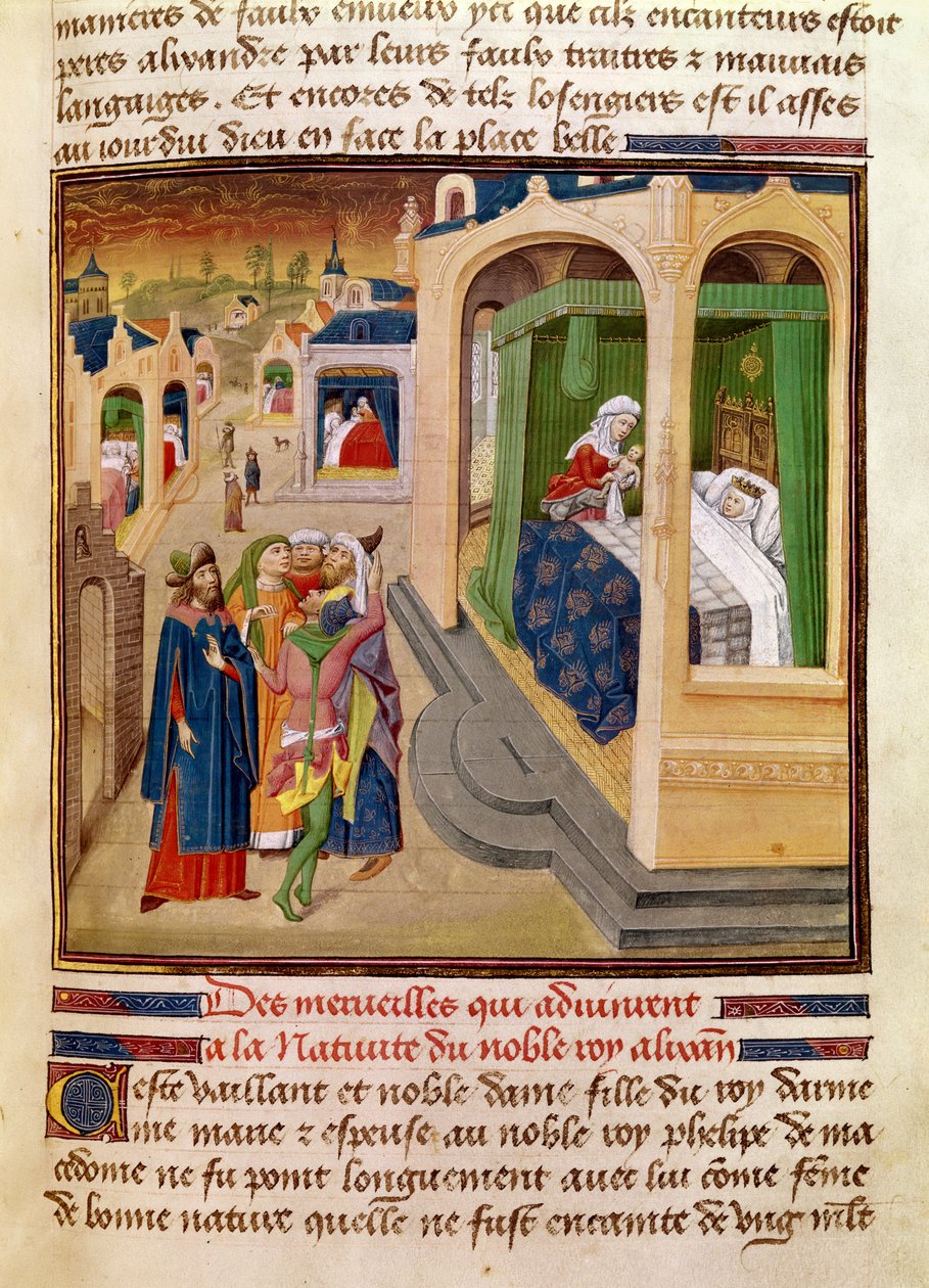 Fol.10r Zázraky, které se staly při narození Alexandra Velikého (356-323 př. n. l.) ilustrace z knihy Jeana Wauquelina, z knihy Histoire du Grand Alexandre 1460. od French School