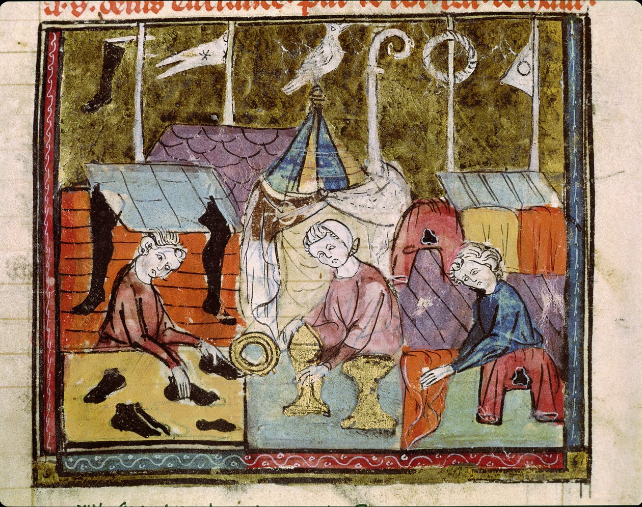 Fol.122v Merchants at Lendit Fair poblíž St. Denis, z Grandes Chroniques de France, 1375-79 od French School