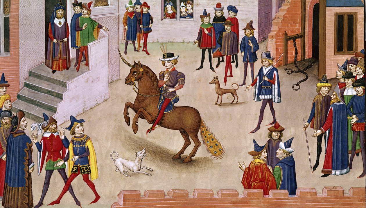 Fol.17v Jak Alexandr Veliký (356-323 př. n. l.) jel na Bucefala, z Histoire du Grand Alexandre 1460 od French School