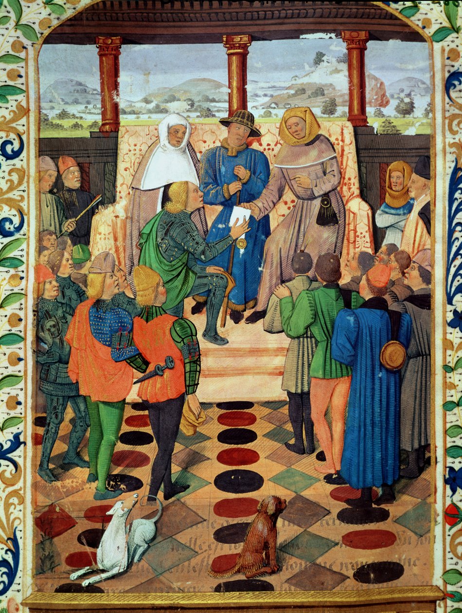 Fol.185v Karel VII. (1403-61) předává dokument Joaně z Arku (1412-31) z Le Jouvencel od Jeana de Bueila (1405-78) od French School