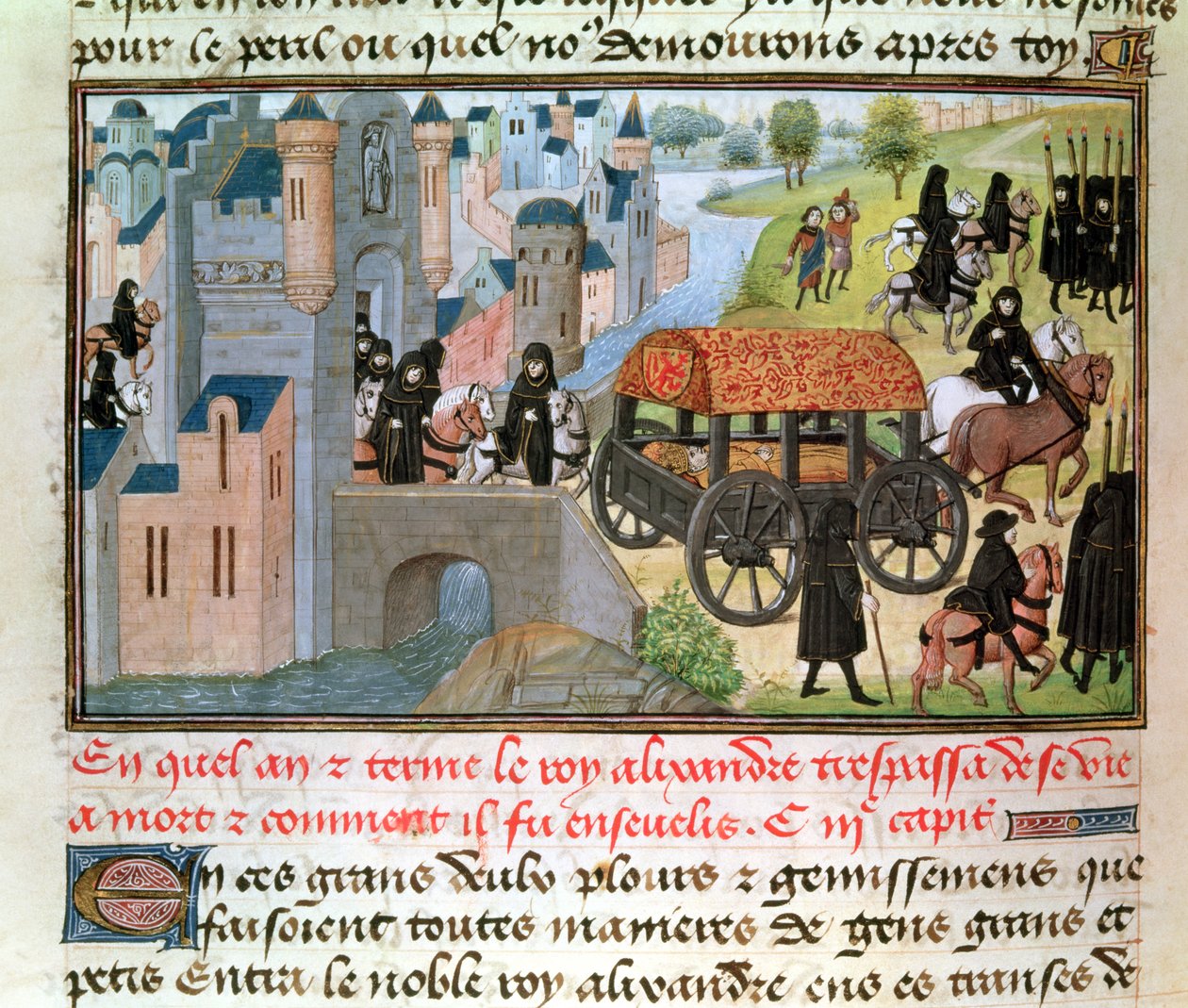 Fol.305v Jak Alexandr Veliký (356-323 př.nl) zemřel a byl pohřben, z rukopisu Jeana Vauquelina, z Histoire du Grand Alexandre, 1460 od French School