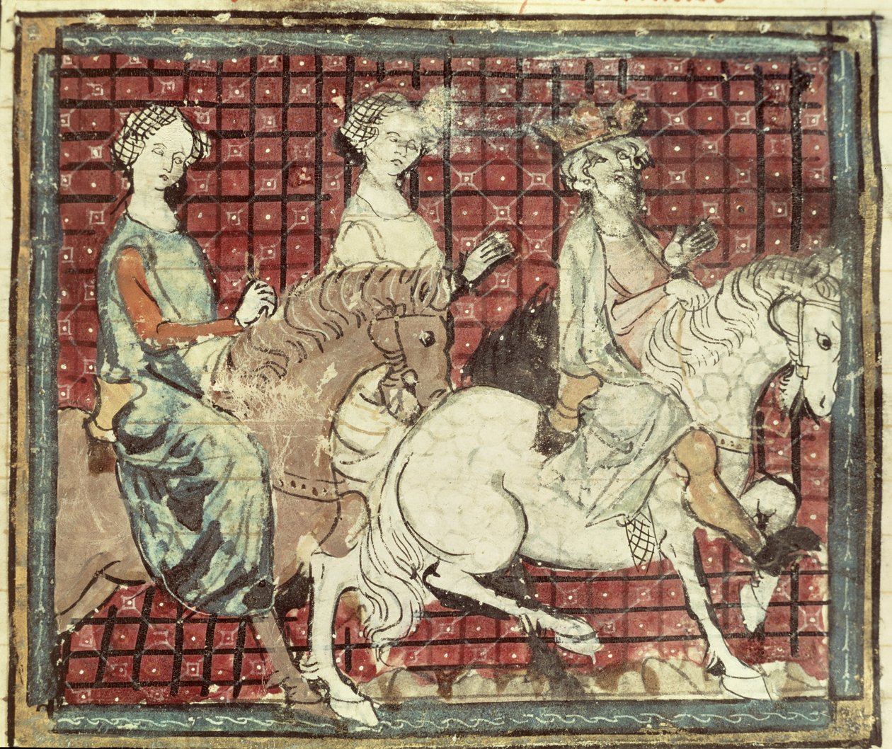 Fol.31r Chilperic I (543-97) a Fredegonde na koni, z Grandes Chroniques de France, 1375-79 od French School