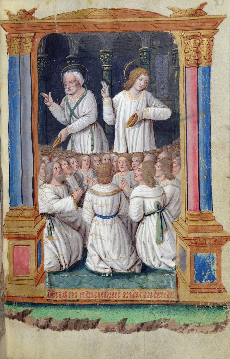 Fol.33r Svatý Petr a sv. Jan nabádají věřící, z Heures a lUsage de Rome od French School