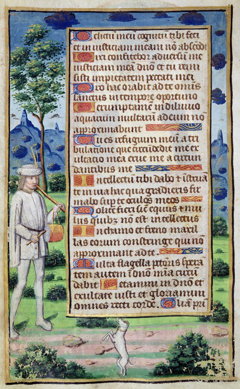 Fol.50v Stránka textu s detailem ohraničení hudebníka tančícího svého psa, z 