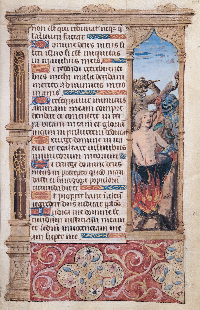 Fol.67r Strana textu s hraničním detailem muže, který je mučen dvěma démony, z "Heures de l"Usage de Rome" od French School