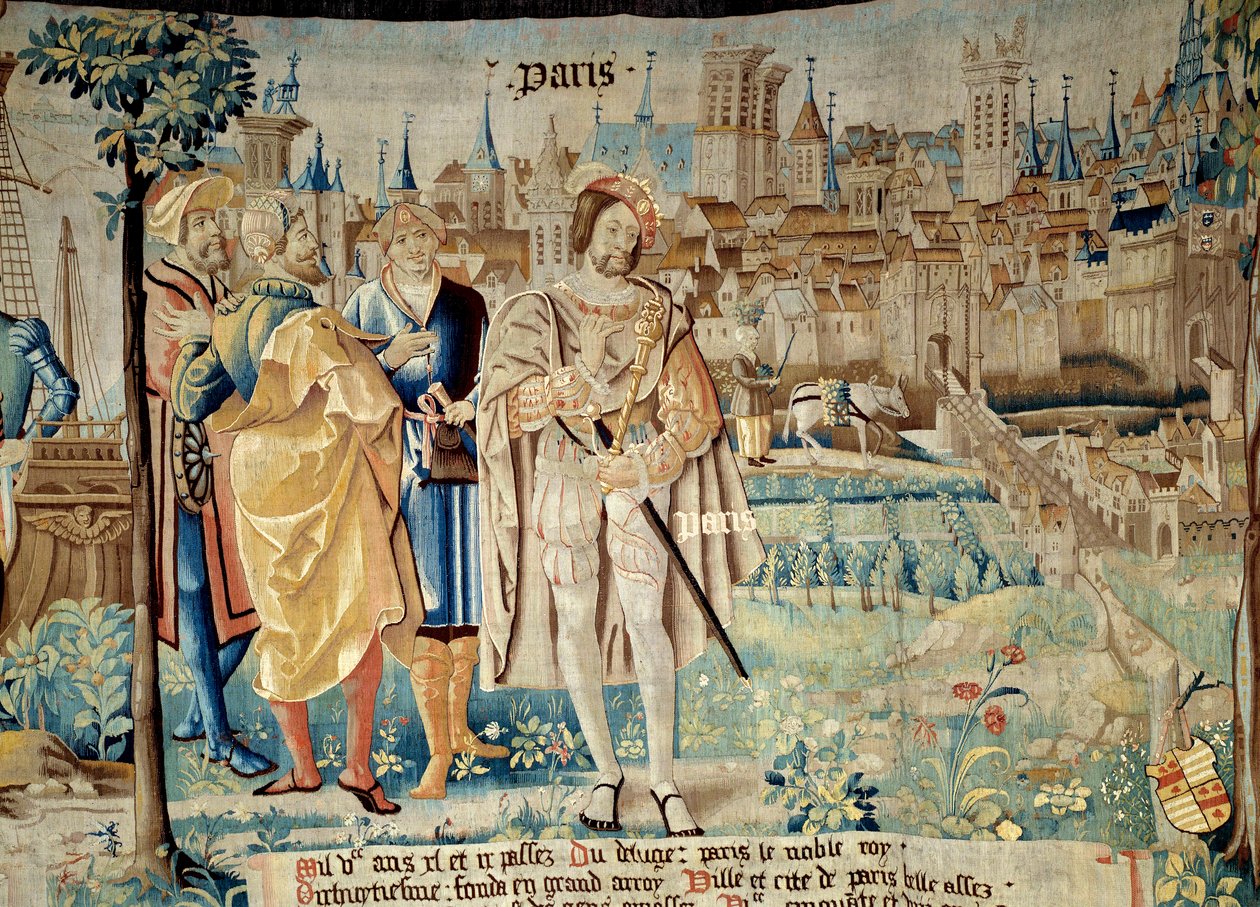 Fondation de la ville de Paris. Král František I. (1494-1547) se rozhodl založit své stálé hlavní město v Paříži, když se v roce 1527 vrátil ze zajetí. Tapiserie „Báječná historie Gaules““ z dílny Arras. 1530 Beauvais, odd od French School
