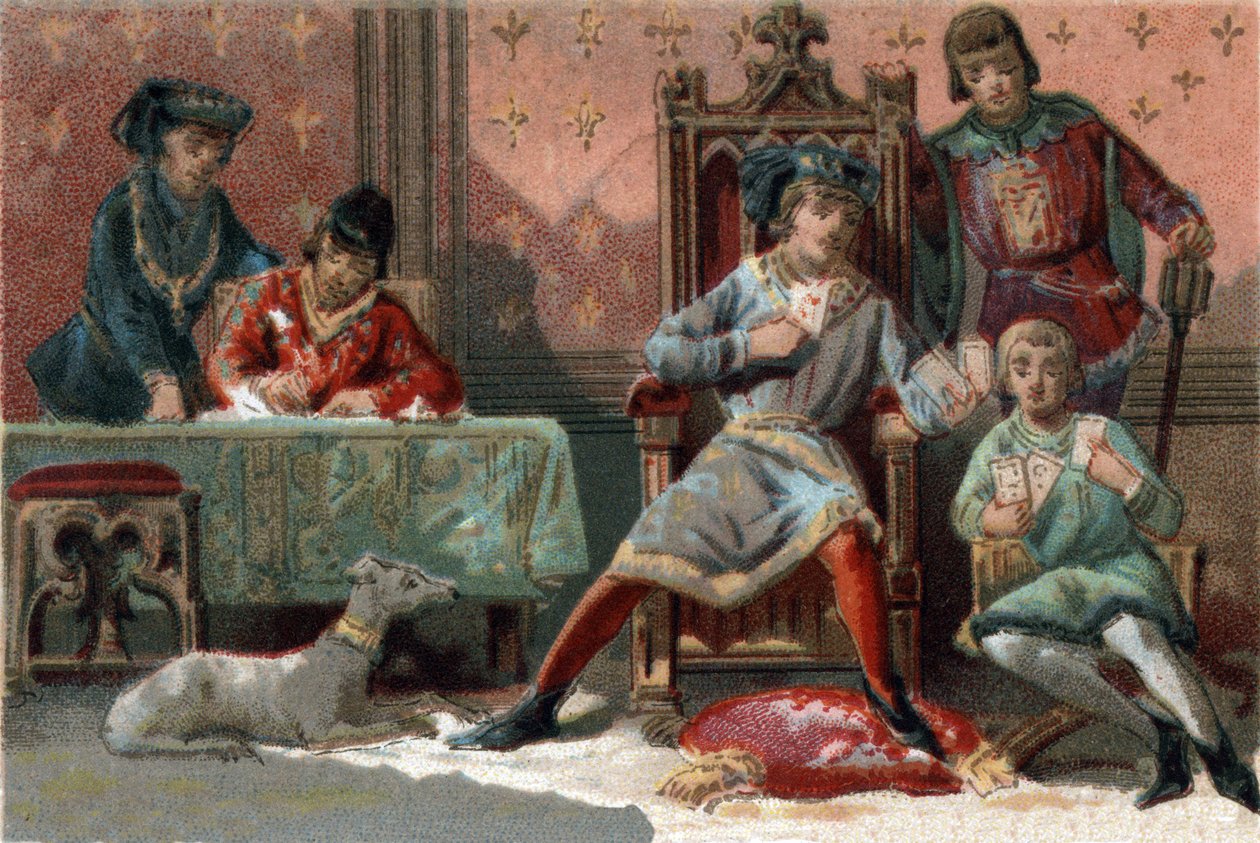 Pro rozptýlení hrával karty francouzský král Karel VI. (1368-1422). Chromolitografie kolem roku 1890. od French School