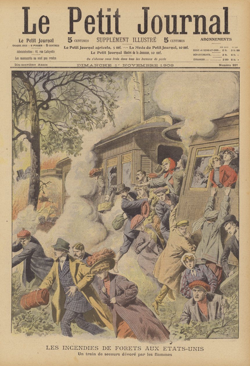 Lesní požáry ve Spojených státech (barevná litografie) od French School