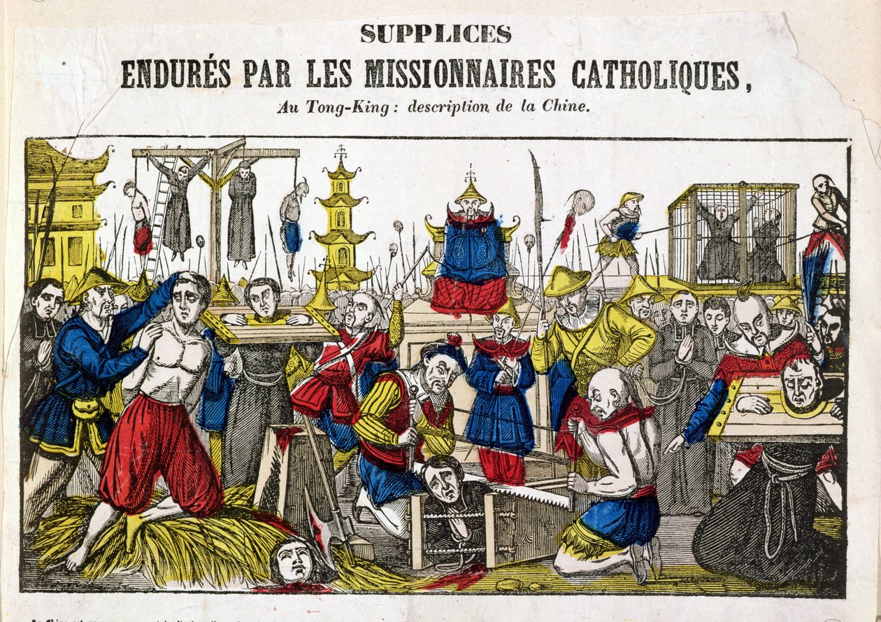 Formy mučení prožívané katolickými misionáři v Tonkingu, Čína, 1840 od French School