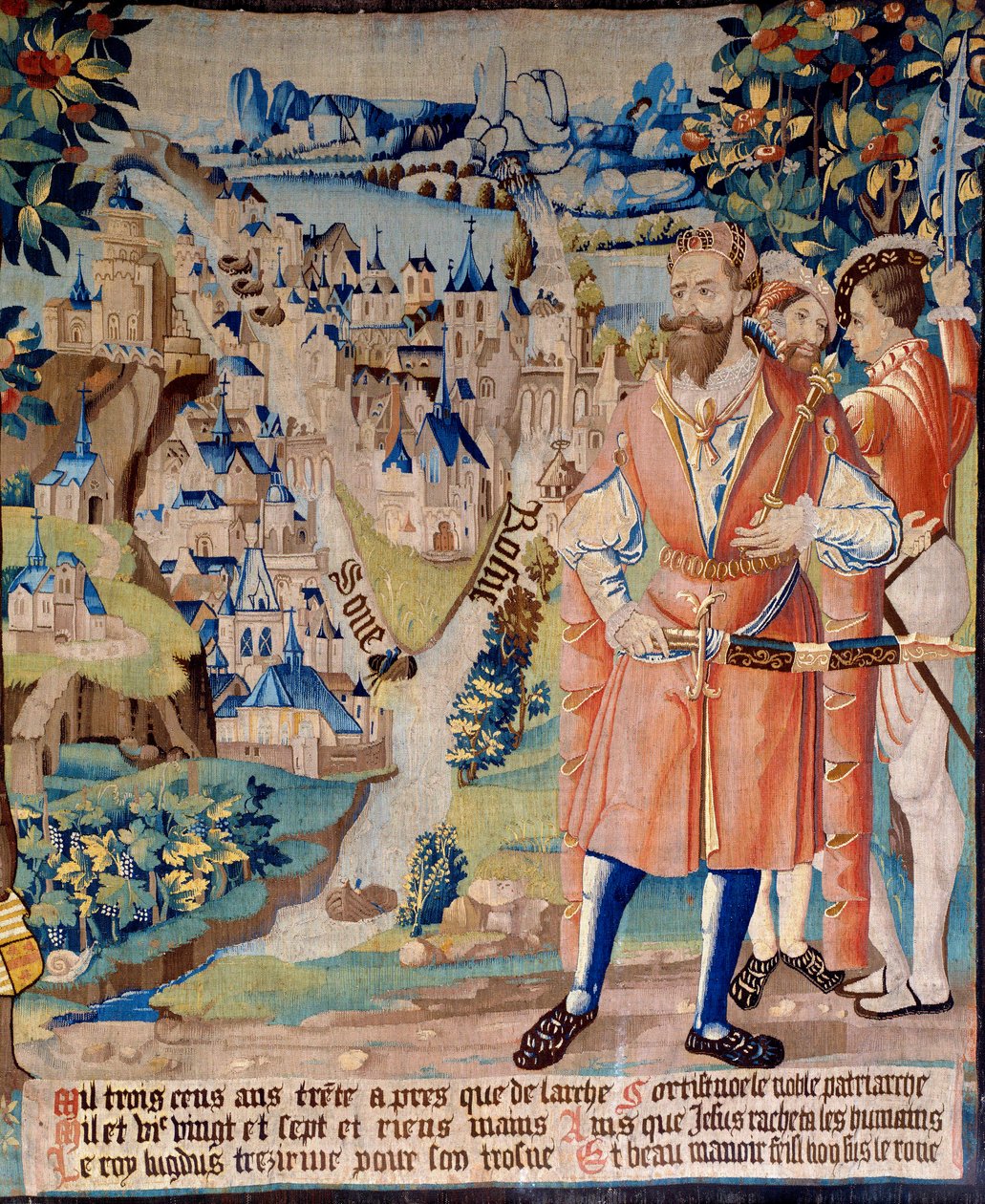 Založení města Lyon: Lugdus, vnuk Galatheův, zakladatel Galie, se svými společníky, za ním město Lyon na soutoku Rhôny a Saony, v dálce hory Alp. Tapiserie "Bájné dějiny Galie". od French School
