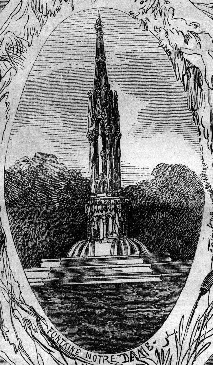 Fontána Paříže: pohled na Fontánu Panny Marie (Fontána Notre Dame) (cca 1845). Rytina v „“ Le Monde Illustré““ č. 254 z 22. února od French School