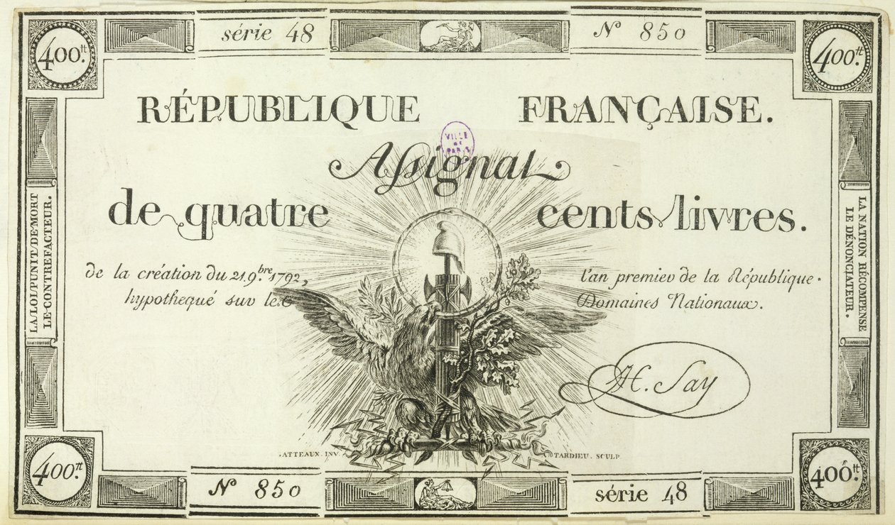 Bankovka v hodnotě čtyř set livrů, 21. září 1792 od French School