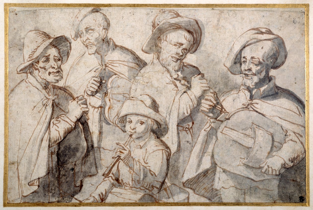Čtyři hráči na hurdisky a chlapec s dýmkou, cca 1650-99 (pero a inkoust na papíře) od French School