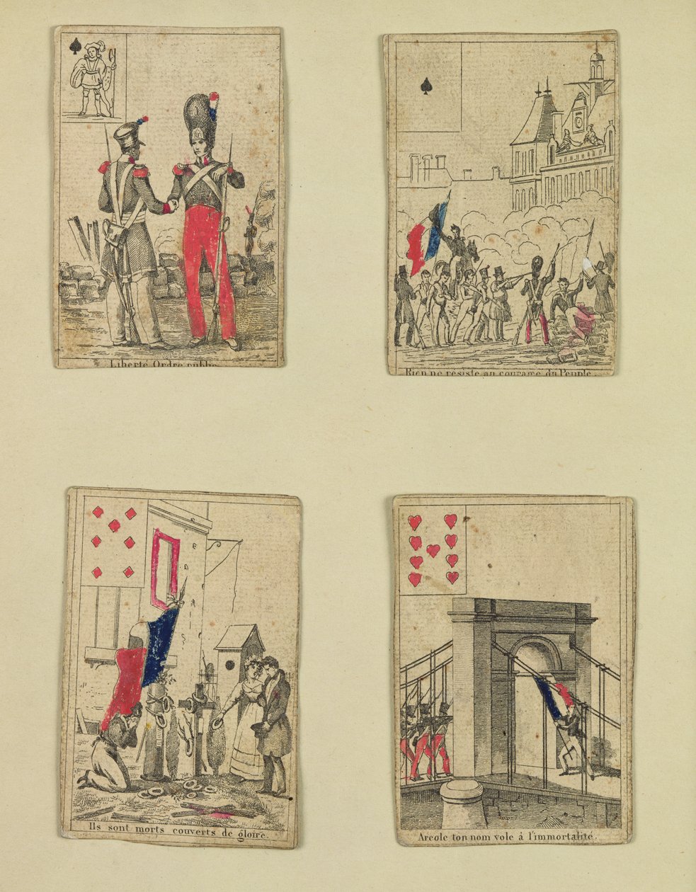 Čtyři hrací karty připomínající hrdiny července 1830, 1831 od French School