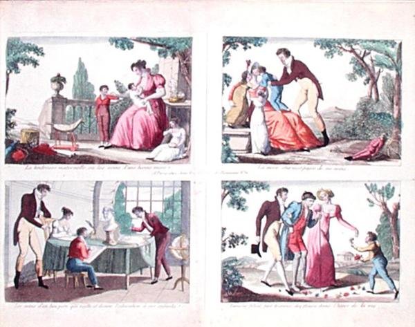 Čtyři scény zobrazující rodičovské povinnosti, počátek 19. století (barevná rytina) od French School