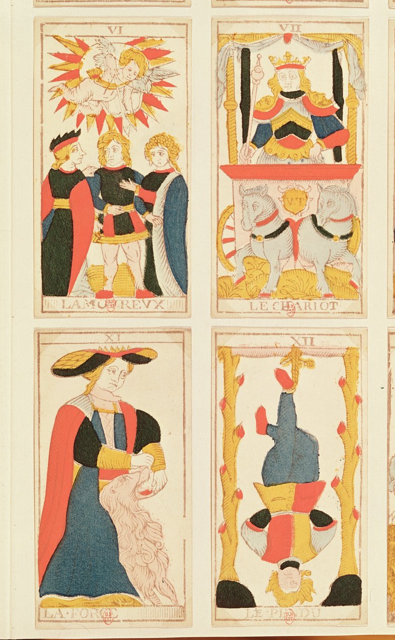 Čtyři tarotové karty s vyobrazením Milenců, Vůz, Síly a Oběšeného muže (barevná dřevorytina) od French School