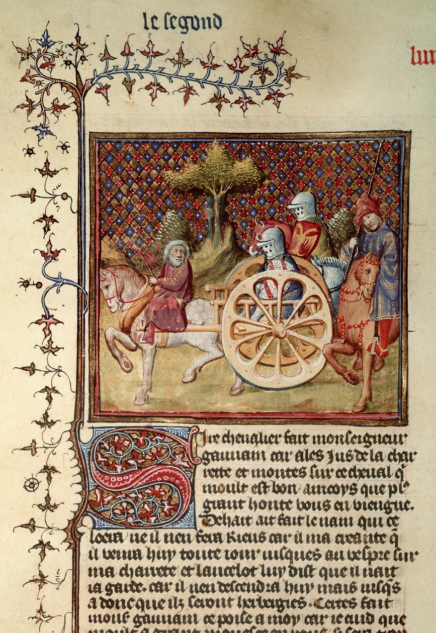 Fr.119 fol.312v Lancelot, rytíř povozu, 1344 od French School