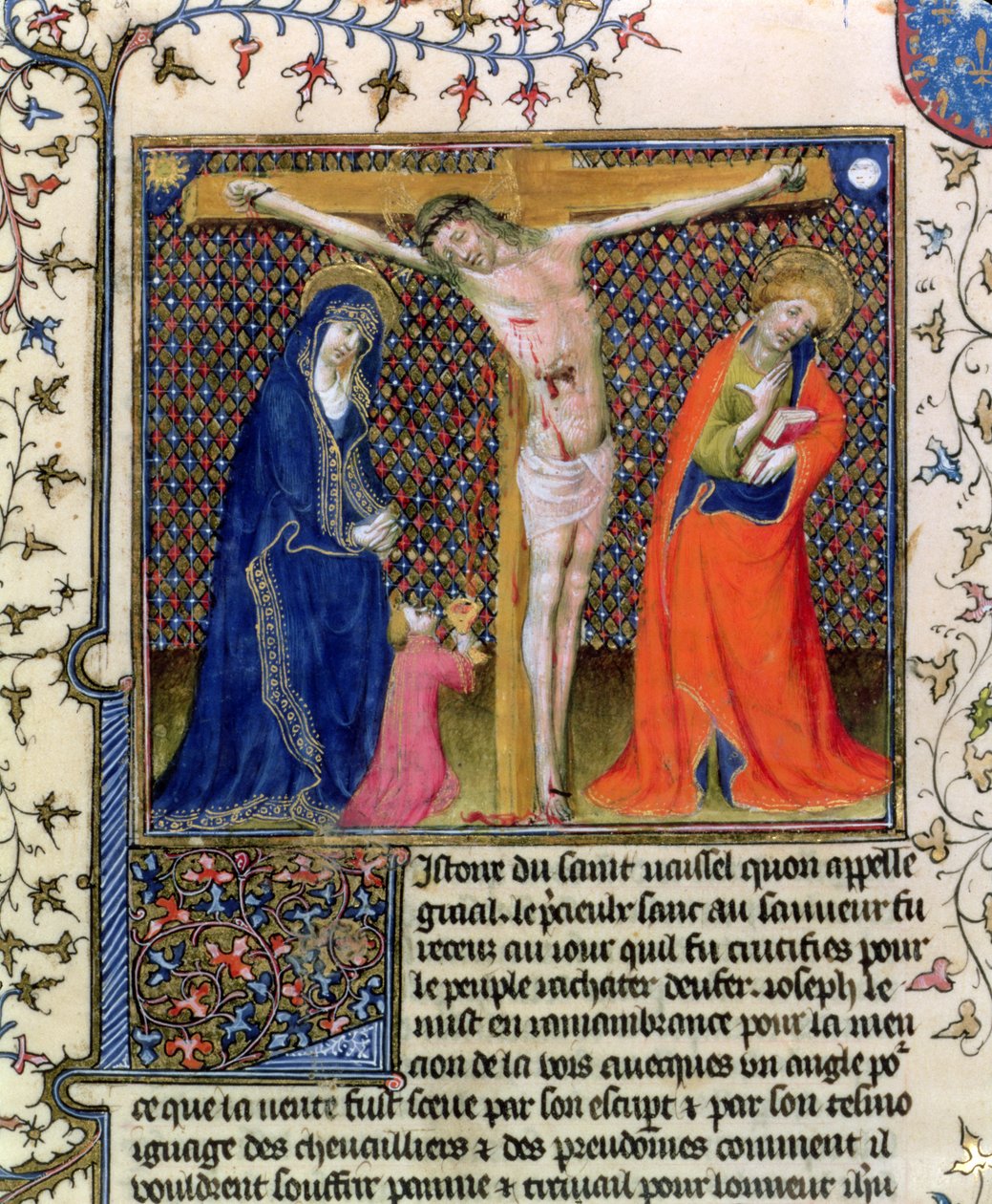 Fr.120. f.520 Josef z Arimatie sbírající krev ukřižovaného Krista z La Quite de Saint Graal od French School