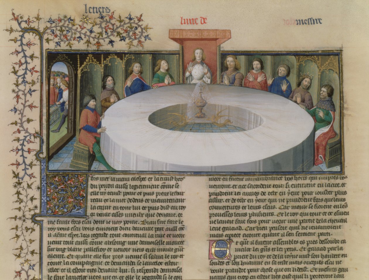 Fr.120 f.524v Rytíři kulatého stolu z Příběhu Lancelota, z La Quite de Saint Graal od French School