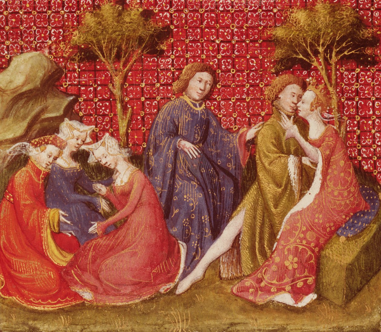 Fr 118 f.219v Jak Lancelot políbil Guineveru poprvé, od Lancelot du Lac od French School