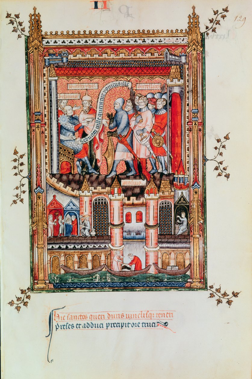 Fr 2091 fol.129 Sisinnius dává příkazy sv. Denisovi a jeho společníkům, které před něj přivedli, z Vie de St. Denis, 1317 od French School