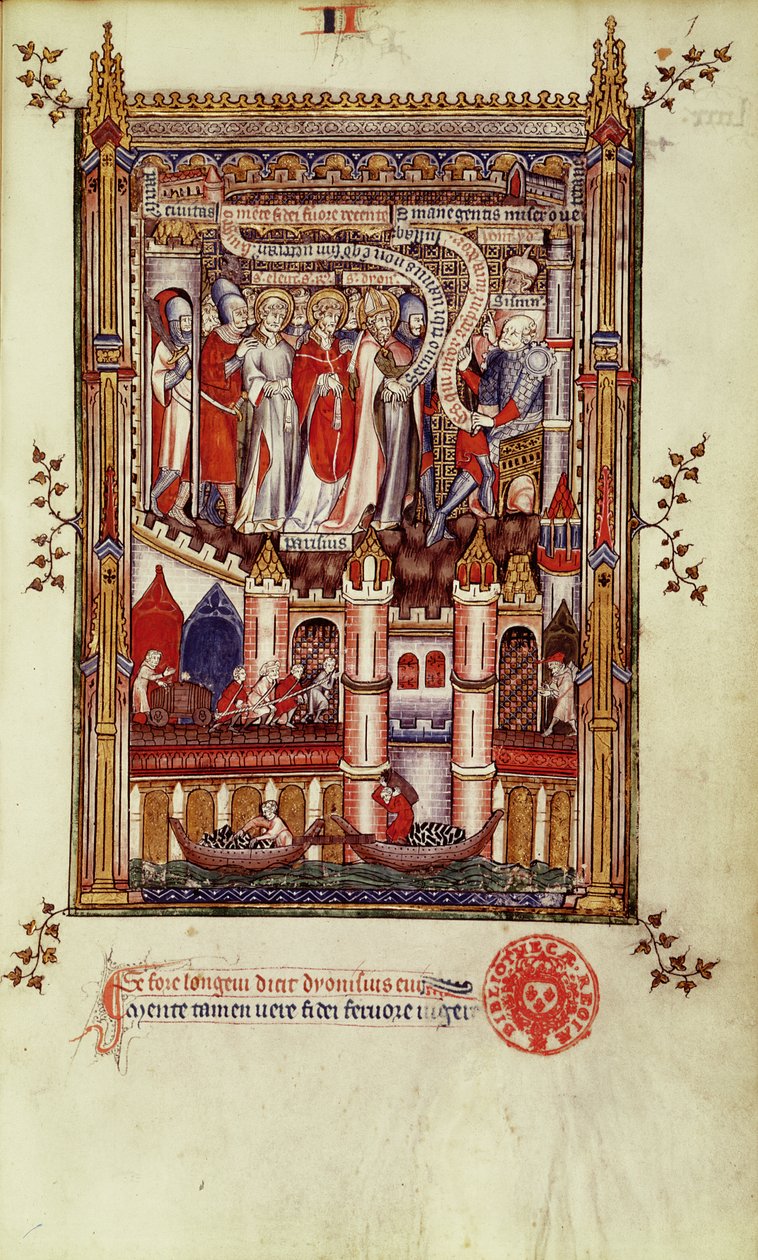 Pá 2092 f.1 První výslech sv. Denise a jeho společníků Sisinniem, z Vie de St. Denis, 1317 od French School