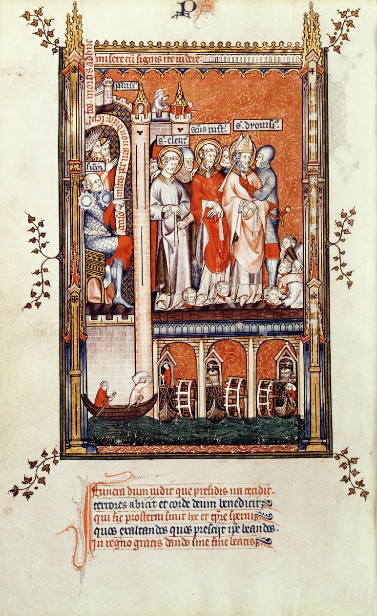 Fr 2092 f.37v Sisinnius ukazující těla dalších mučedníků St. Denisovi a jeho společníkům, z Vie de St. Denis, 1317 od French School