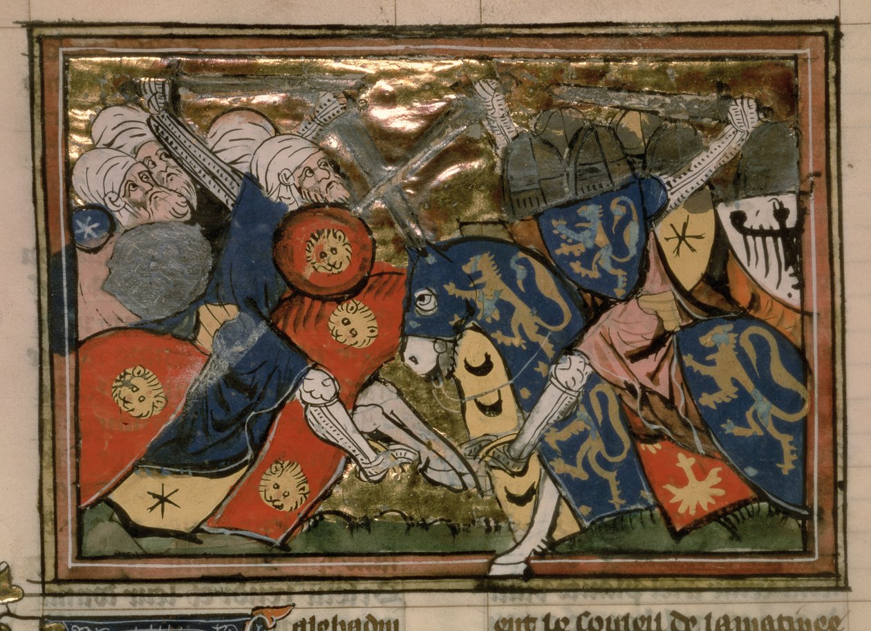 Fr 22495 f.235v , bitva u Jeruzaléma v roce 1187, z Le Roman de Godefroi de Bouillon od French School