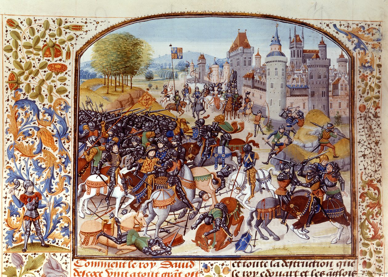 Fr 2643 f.97v Bitva u Nevilles Cross ze stoleté války roku 1346, z Froissartovy kroniky od French School