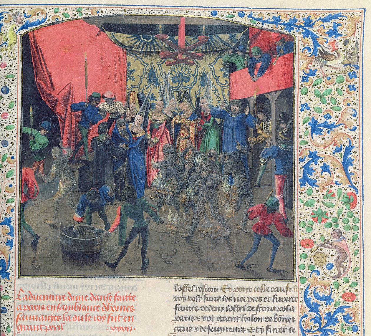Fr 2646 f.176 Bal des Ardents, Charles byl zachráněn vévodkyní z Berry poté, co Ludvík Orleánský zapálil kostýmy tanečníků, 1392, z Froissarts Chronicle od French School