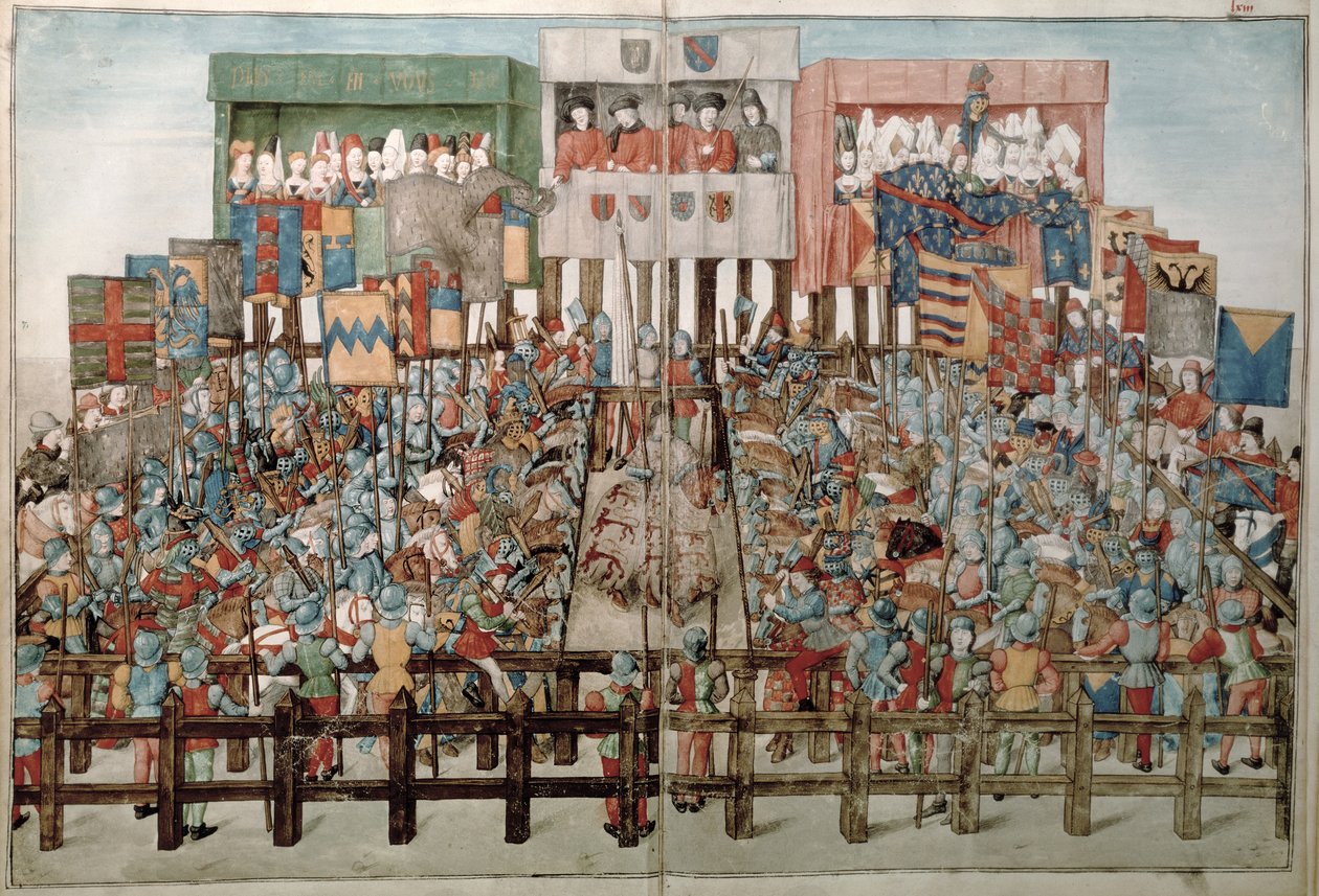 Fr 2692 f.62v-63r Král Rene předsedající rytířskému turnaji, z Livre des Tournois de Rene dAnjou, kolem 1488-89 od French School